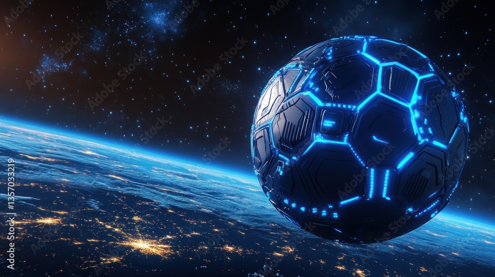 Naklejka premium Futuristic sphere orbiting Earth, glowing blue lines, hexagonal panels, night view of planet.