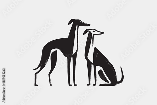 Hand-drawn black and white illustration of two graceful greyhounds