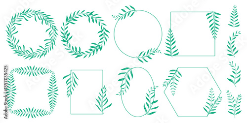 Green rustic set of frames and twigs. Round rim, square, rectangle, oval frame shape with botanical herbs. Simple collection of foliage elements for design. Vector graphics