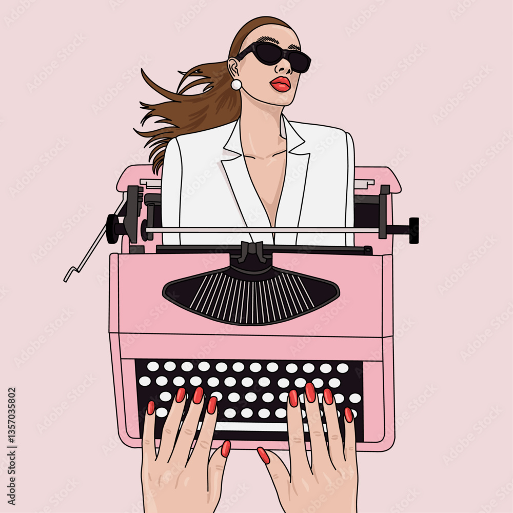 Stylized Woman with Sunglasses and Typewriter Illustration