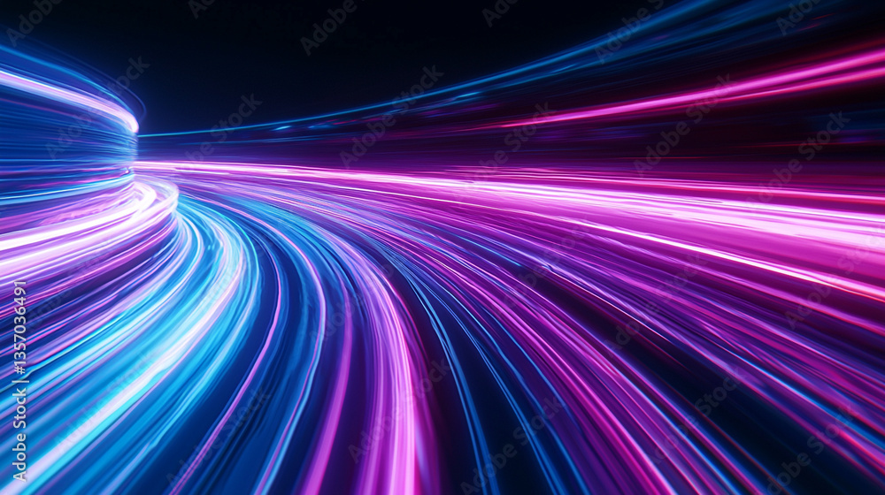 Abstract speed motion background with neon light trails in blue and purple colors creating a tunnel
