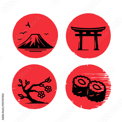 Japanese culture icons set featuring Mount Fuji, torii gate, cherry blossom, and sushi