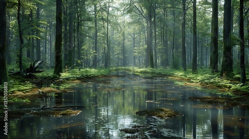 Serene forest reflecting in water with areas showing signs of acid rain damage subtle changes in vegetation hyper realistic