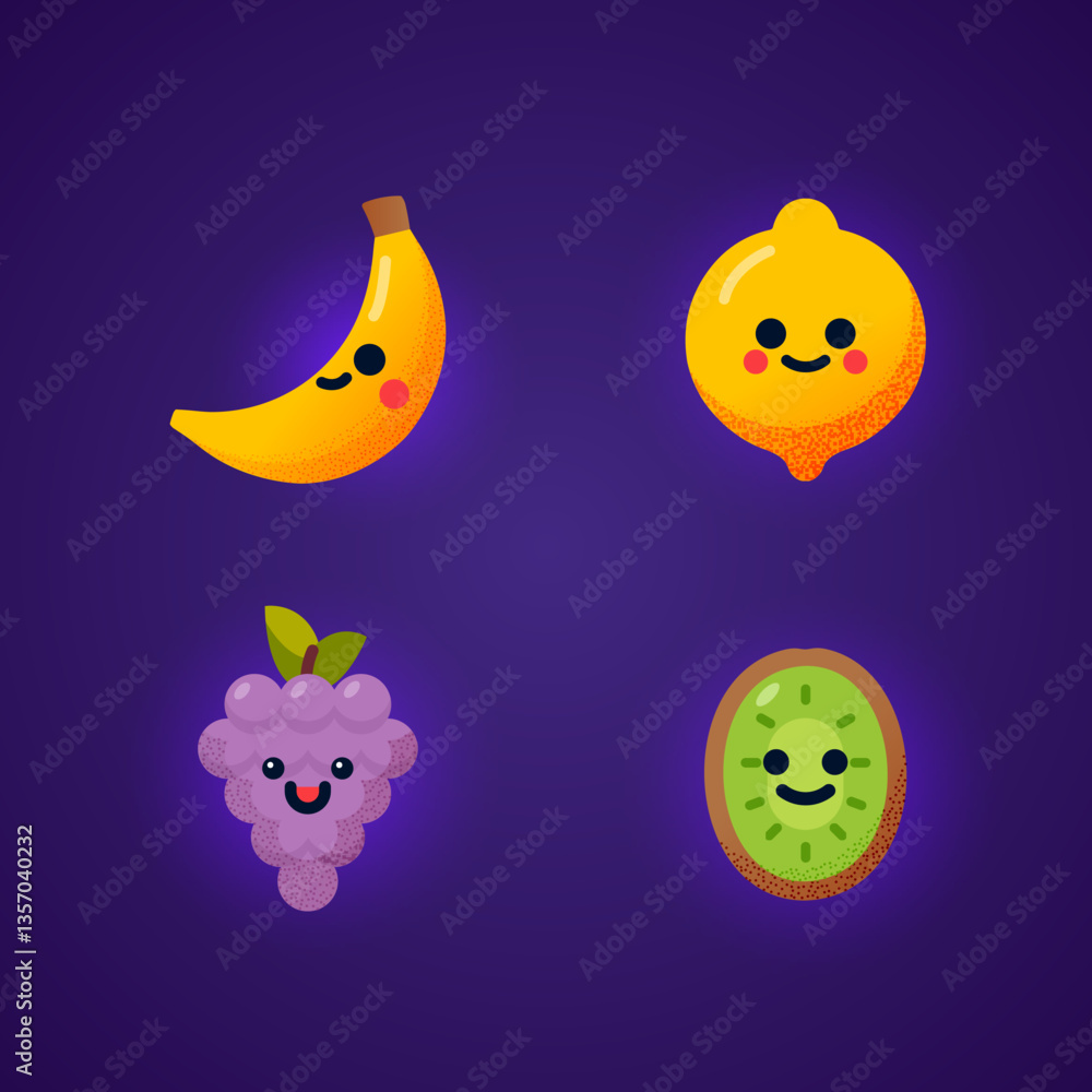 Fototapeta premium Cute smiling fruit characters including banana, lemon, grapes, and kiwi on dark background