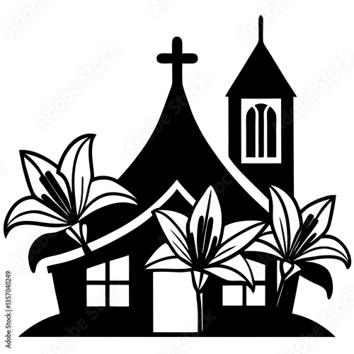 Religious Easter church silhouette vector with a cross and chapel. Ideal for Easter graphics, decor, and branding. 