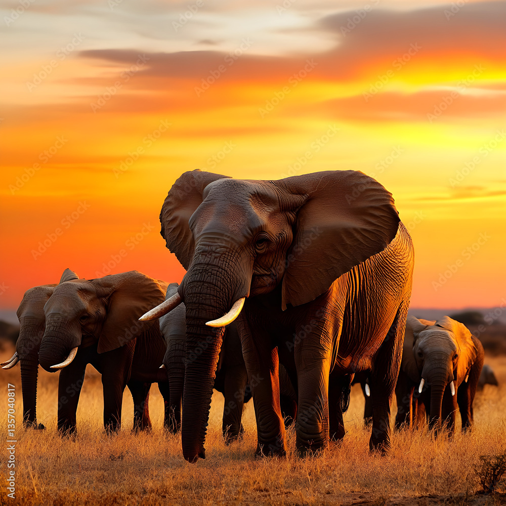 Fototapeta premium Elephants walking in the african savannah at sunset