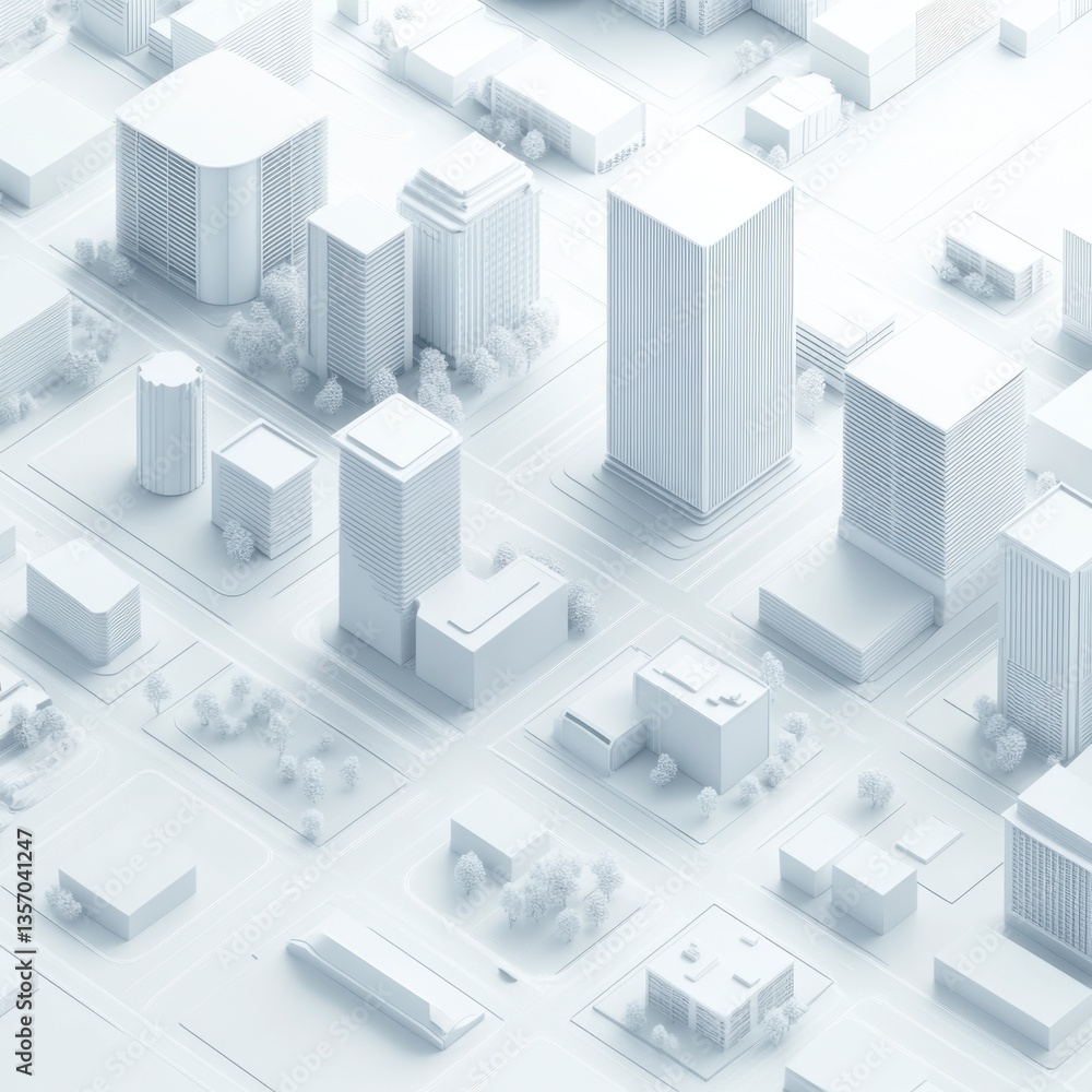 Abstract 3D rendering of a cityscape, monochromatic white buildings and streets, minimalist design, geometric shapes, aerial perspective. Abstract 3D rendering of a cityscape, monochromatic white buildings and streets, minimalist design, geometric shapes, aerial perspective.