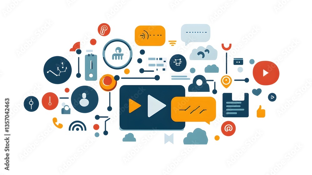 a collection of multimedia icons and symbols arranged in a cloud formation, representing communication and media a collection of multimedia icons and symbols arranged in a cloud formation, representing communication and media