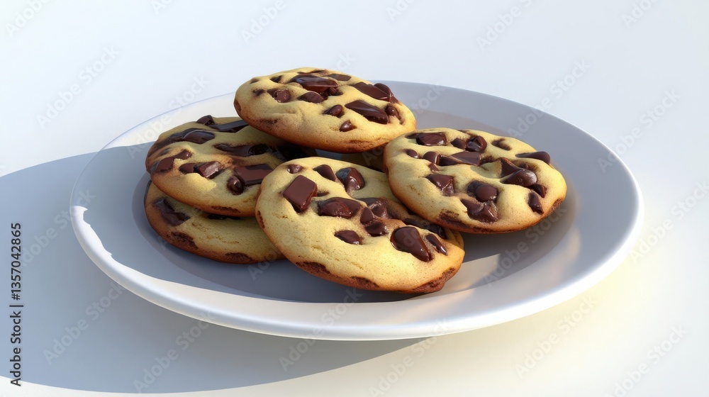 A plate of freshly baked chocolate chip cookies with a soft texture and rich chocolate chunks A plate of freshly baked chocolate chip cookies with a soft texture and rich chocolate chunks