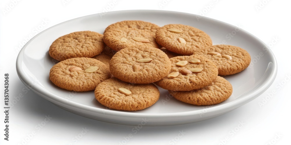 A close-up view of a plate filled with freshly baked cookies, showcasing their texture and color A close-up view of a plate filled with freshly baked cookies, showcasing their texture and color