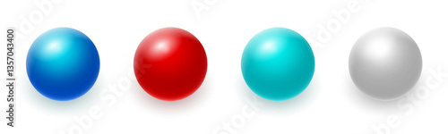 Set of four colorful glossy spheres isolated on white background, featuring blue, red, cyan, and silver balls with reflections and soft shadows