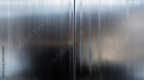 Close-up of a metallic surface with condensation, showcasing reflections and textures