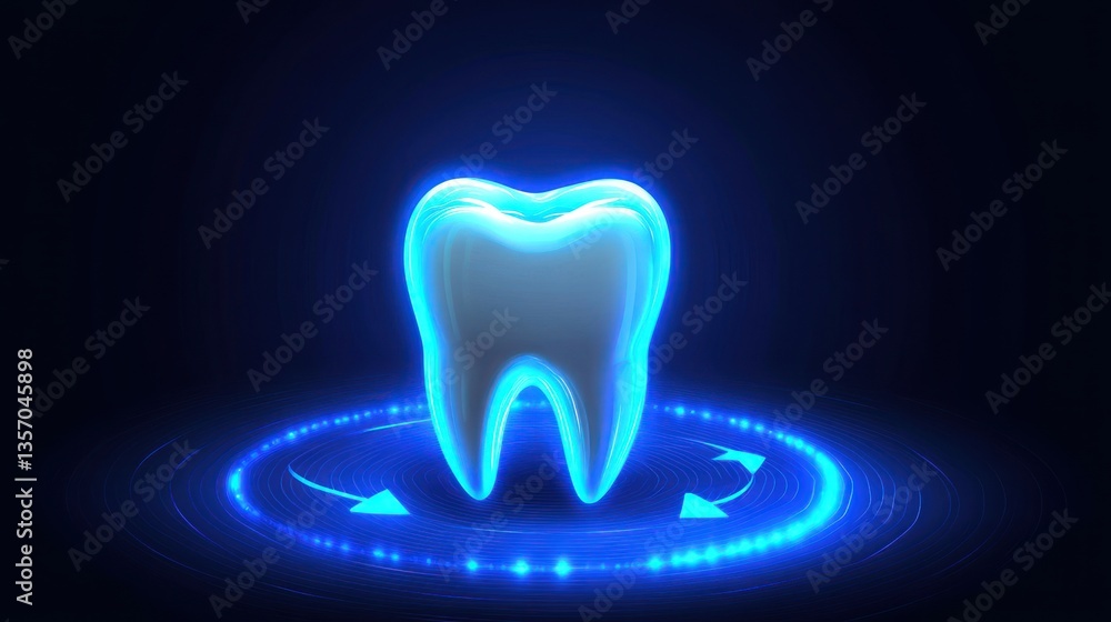 Glowing 3D tooth model on a blue circular platform. Glowing 3D tooth model on a blue circular platform.