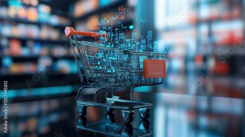 Futuristic shopping cart with digital display showcasing grocery store analytics and ai data for efficient consumer retail experience