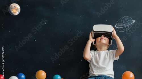 children critical thinking. Child experiencing virtual reality with a VR headset, surrounded by colorful balls.