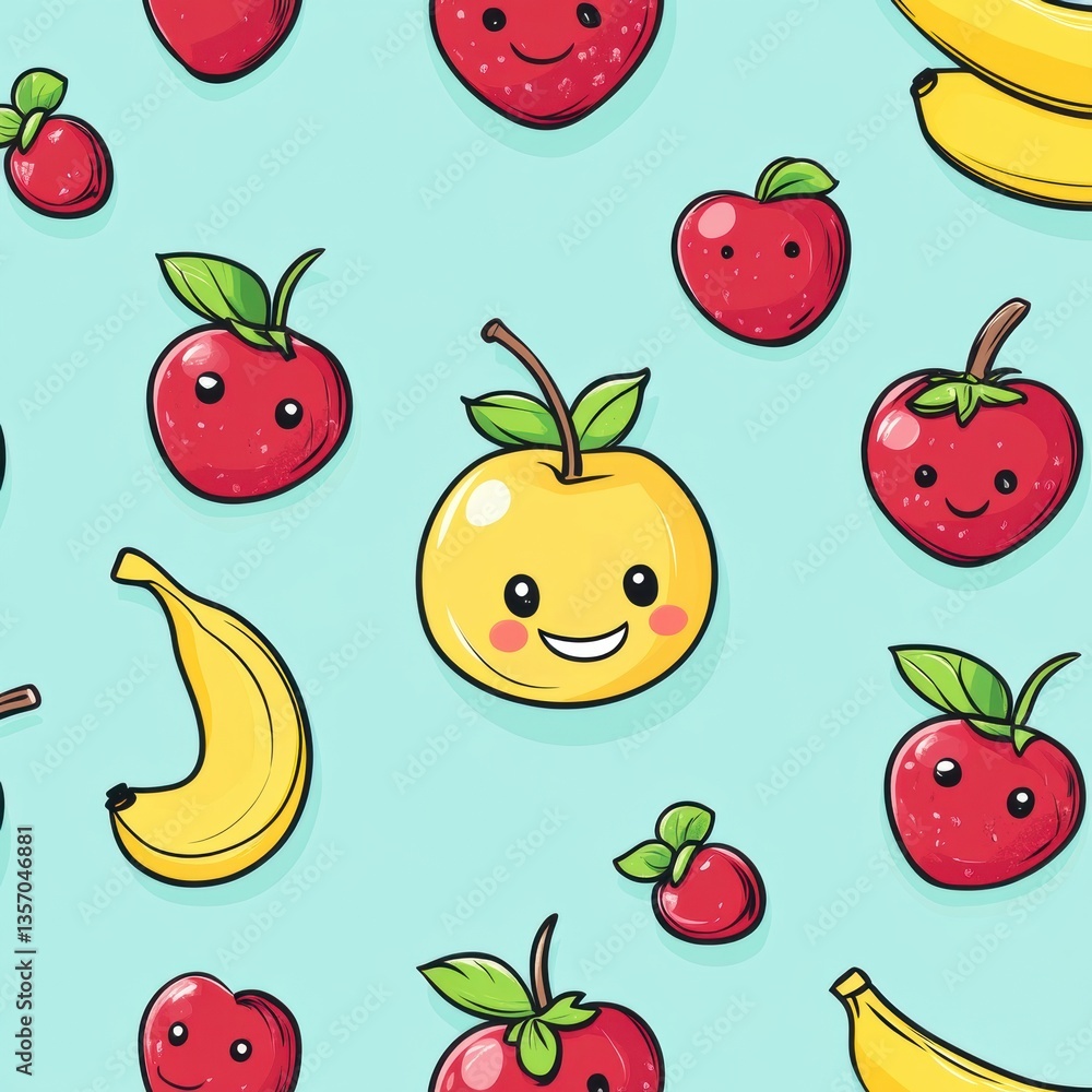 Seamless pattern of smiling fruits featuring strawberries, bananas, apples, and cherries in soft vibrant colors Generative AI Seamless pattern of smiling fruits featuring strawberries, bananas, apples, and cherries in soft vibrant colors Generative AI