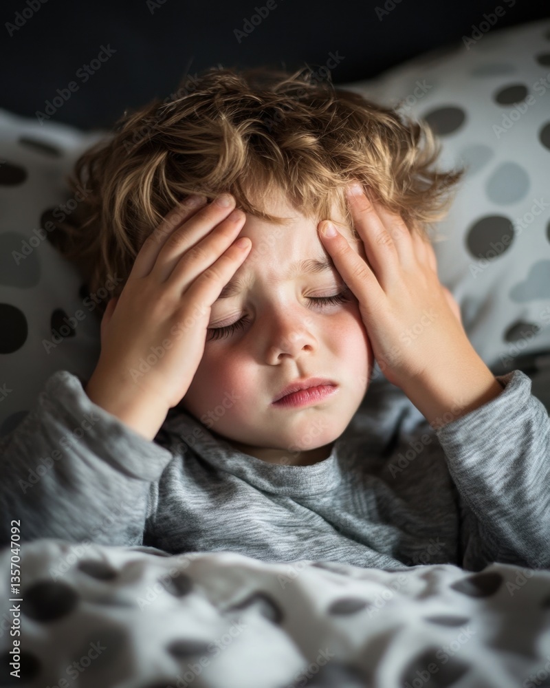 A sleepy child rubbing his eyes in bed, struggling to wake up early after daylight saving time change