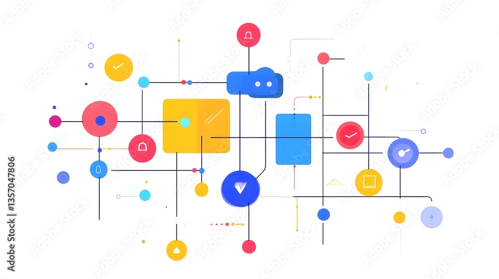 Naklejka premium colorful digital network design featuring interconnected shapes and lines, representing connectivity and data flow. The design is dynamic and modern
