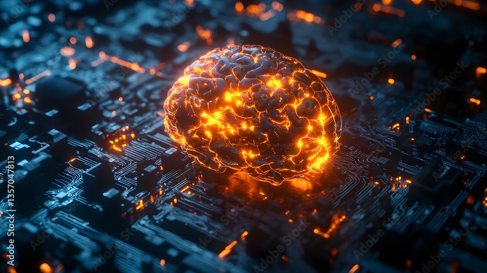 A glowing brain, representing advanced technology, artificial intelligence, and innovation, emitting energy, set against a circuit board background. A glowing brain, representing advanced technology, artificial intelligence, and innovation, emitting energy, set against a circuit board background.