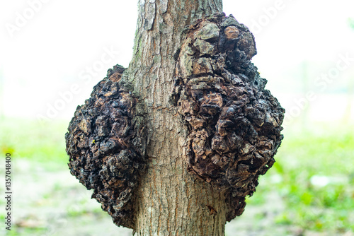 A tree trunk with dark, rough burls, likely caused by stress or infection