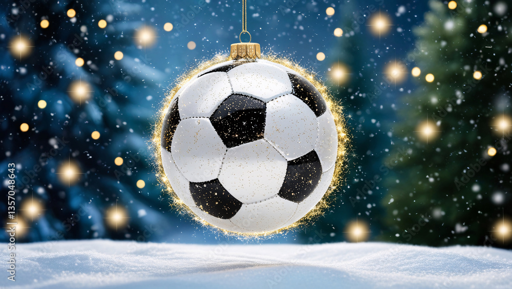 A classic black and white soccer ball transforms into a shimmering Christmas ornament, floating among golden sparkles and falling snowflakes, set against a dreamy winter backdrop. A classic black and white soccer ball transforms into a shimmering Christmas ornament, floating among golden sparkles and falling snowflakes, set against a dreamy winter backdrop.