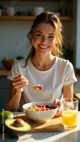 A young woman eating a healthy breakfast, oatmeal, fresh fruits, and nuts, glass of water with lemon, weight loss, healthy eating, taking care of mental and physical health, summer