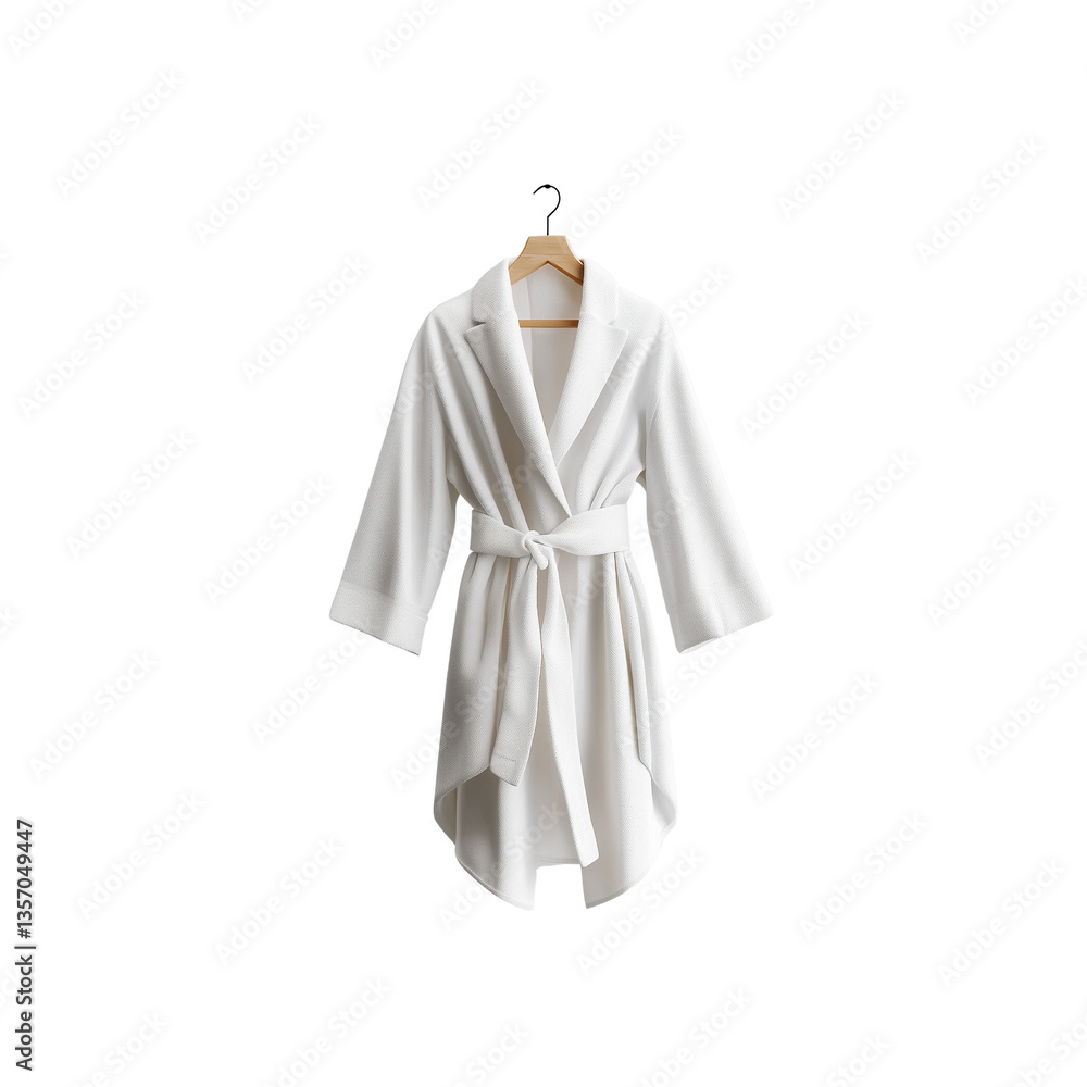 A white robe with a stylish design, featuring long sleeves and a belt, hanging on a wooden hanger. A white robe with a stylish design, featuring long sleeves and a belt, hanging on a wooden hanger.