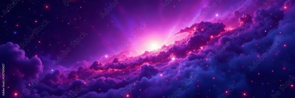 Fototapeta premium Dark purple galaxy background with bright stars and cosmic clouds, glowing, astronomy