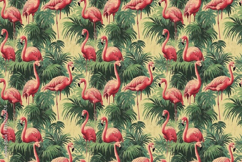 Vintage 1950s Magazine-Style Upholstery Fabric Print with Pink Flamingoes and Palmetto Leaves