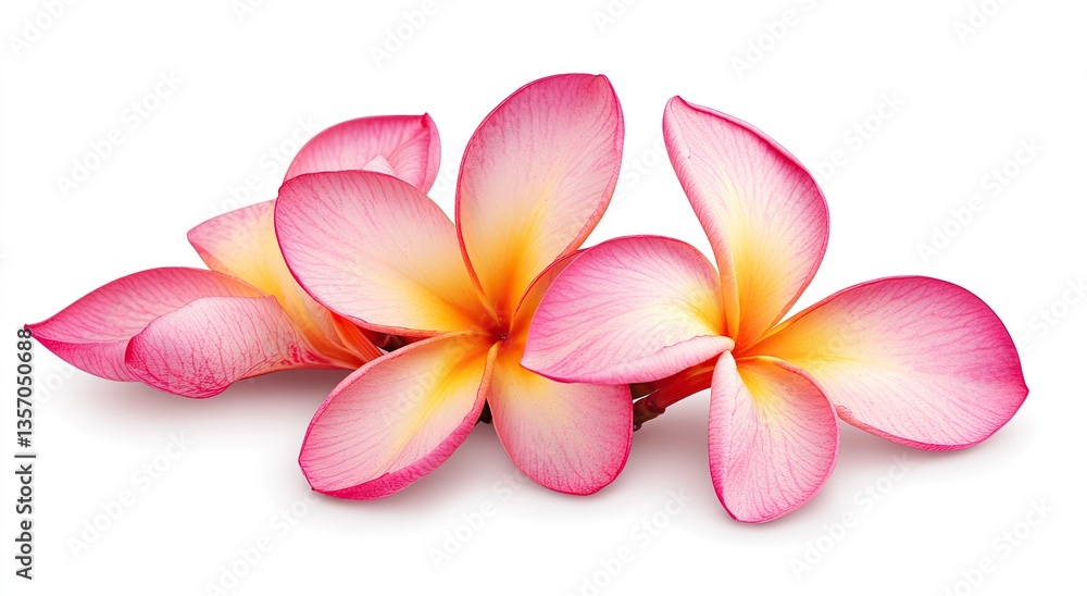Fototapeta premium Delicate pink plumeria blossoms. Close-up of a cluster of vibrant pink plumeria flowers against a white background. Soft petals with a subtle yellow center