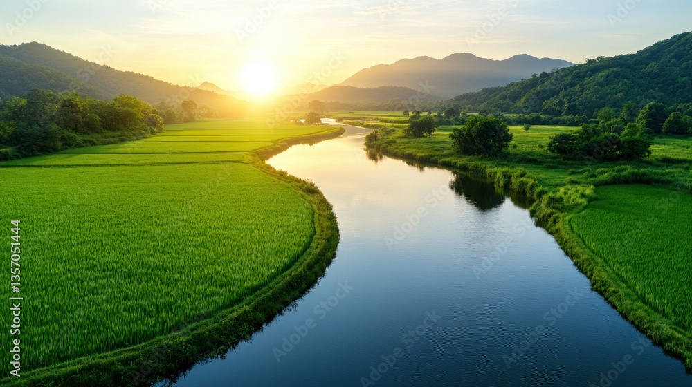 Obraz premium Serene river winding through lush rice paddies at sunrise