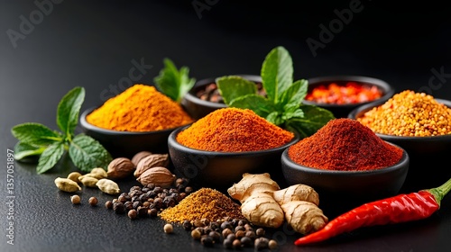 Fototapeta Naklejka Na Ścianę i Meble -  Assortment of colorful spices and herbs on a dark background