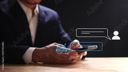 AI Chatbot, Artificial Intelligence, digital chatbot, robot, application, conversation assistant concept. Businessman using mobile smartphone with AI chatbot assistant for customer service support, 4K