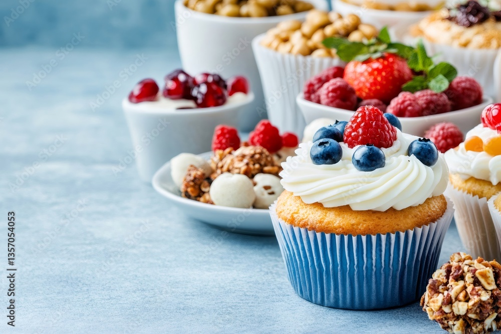 Delicious cupcakes with whipped cream and fresh berries surrounded by tasty treats Delicious cupcakes with whipped cream and fresh berries surrounded by tasty treats