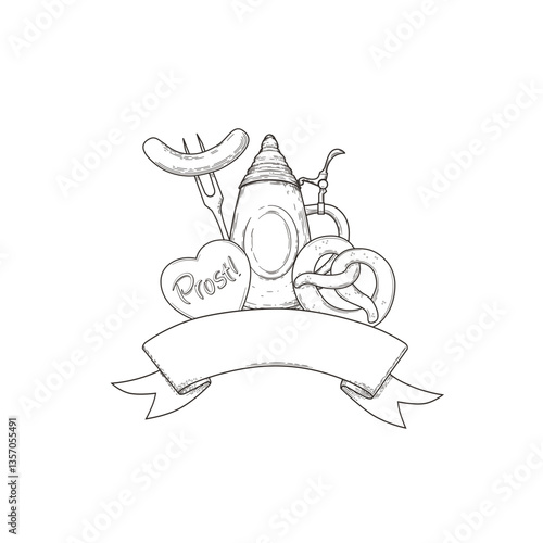 Beer ceramic stein with snack under scrolled banner
