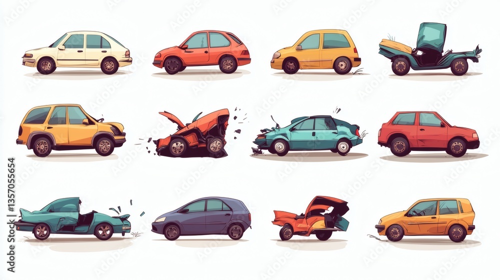 Naklejka premium Cartoon illustration of various wrecked cars in different states of damage, showcasing the impact of accidents.