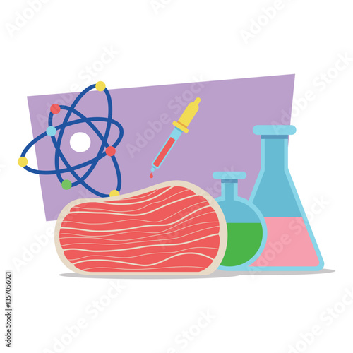Meat specimen on table with laboratory beakers filled with green and pink liquids. Atom graphic floating above, suggesting focus on science behind food