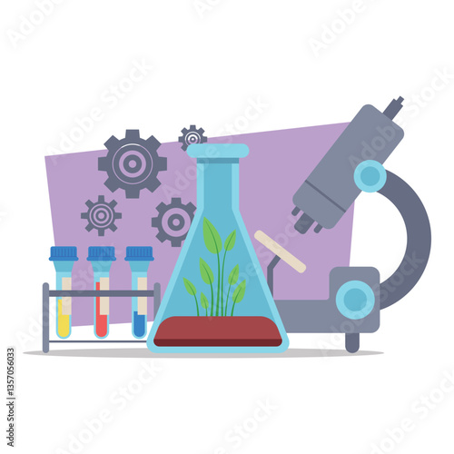 Laboratory setup with microscope, flask with plants, test tubes with colorful liquids, and gears in background. Research and experimentation concept