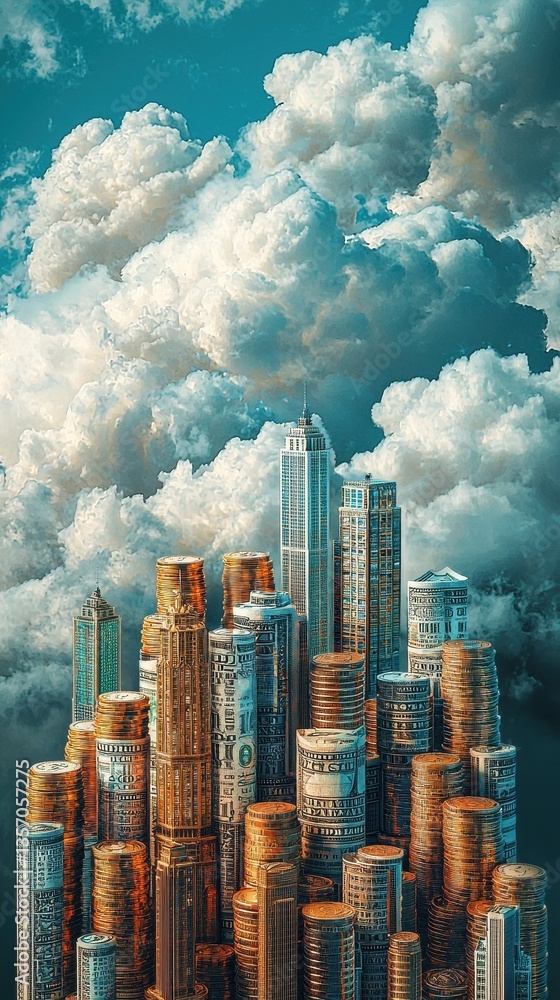 Fototapeta premium Surreal Cityscape of Towering Coins and Clouds Representing Financial Growth and Management