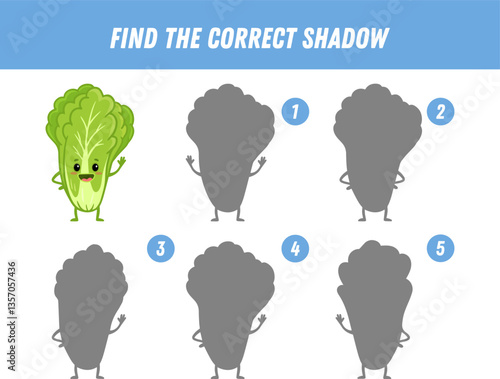Find correct shadow of сhinese cabbage. Educational logical game for kids. Funny vegetable. Cartoon cabbage character. Vector illustration
