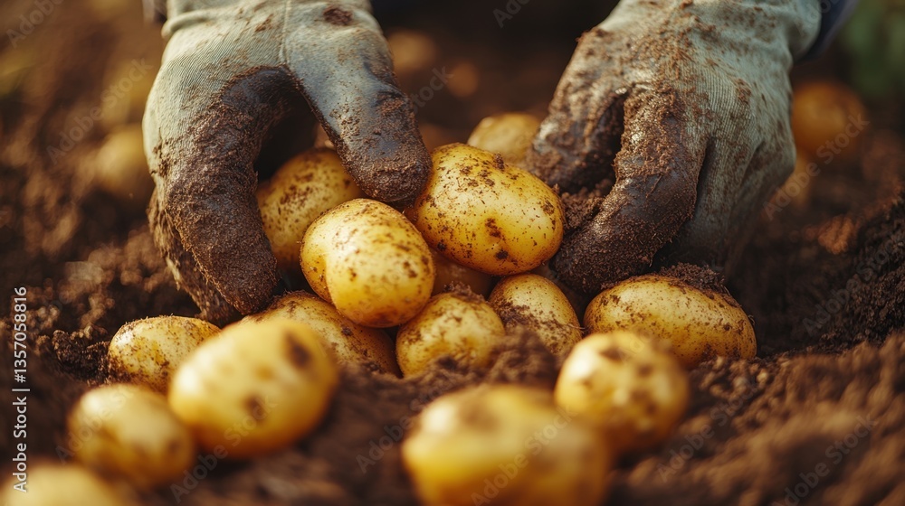 Potato Harvest: A close-up shot of hands covered in soil harvesting golden potatoes, revealing the beauty of agricultural work. Capturing the essence of a successful harvest and farm-fresh produce. Potato Harvest: A close-up shot of hands covered in soil harvesting golden potatoes, revealing the beauty of agricultural work. Capturing the essence of a successful harvest and farm-fresh produce.