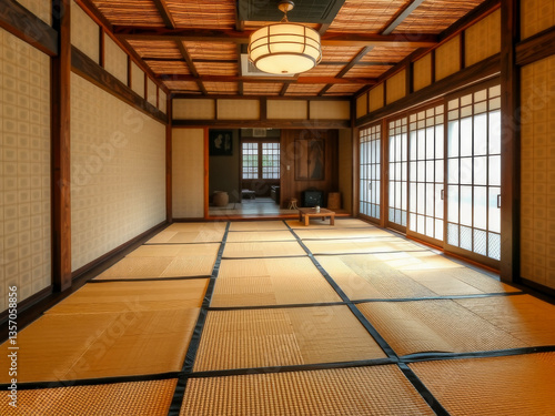 Obraz na płótnie A large room with a wooden floor and a tan tatami mat. The room is empty and has a simple, minimalist design w salonie