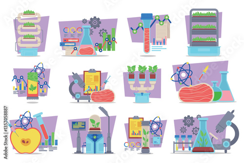 Vibrant collection of illustrations showcasing various aspects of scientific research, including plants, laboratory equipment, and data analysis related to biotechnology and agriculture