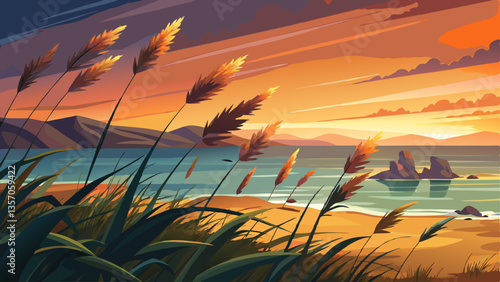 Wild grasses on the sea coast at sunset. Macro image, shallow depth of field. Beautiful autumn nature background