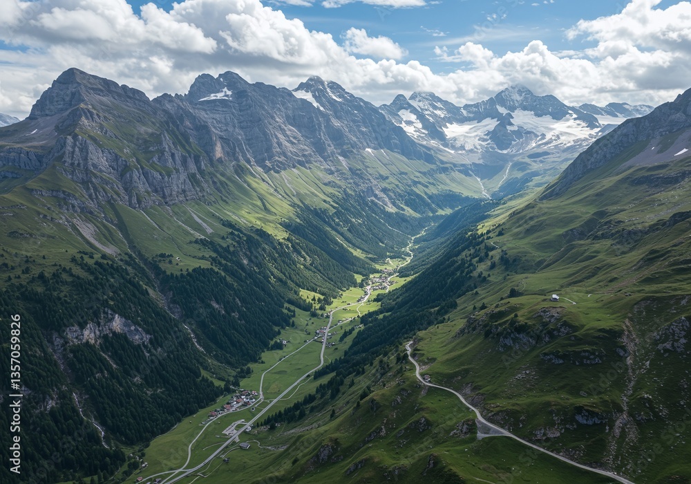 Obraz premium Mountain Valley Vista: Majestic mountain range forming a valley, with lush greenery embracing the winding road. Serene landscape, capturing the majesty of nature.