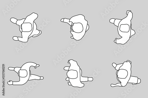 Set with people outlines isolated on white background. Men walking. Top view. Vector illustration.