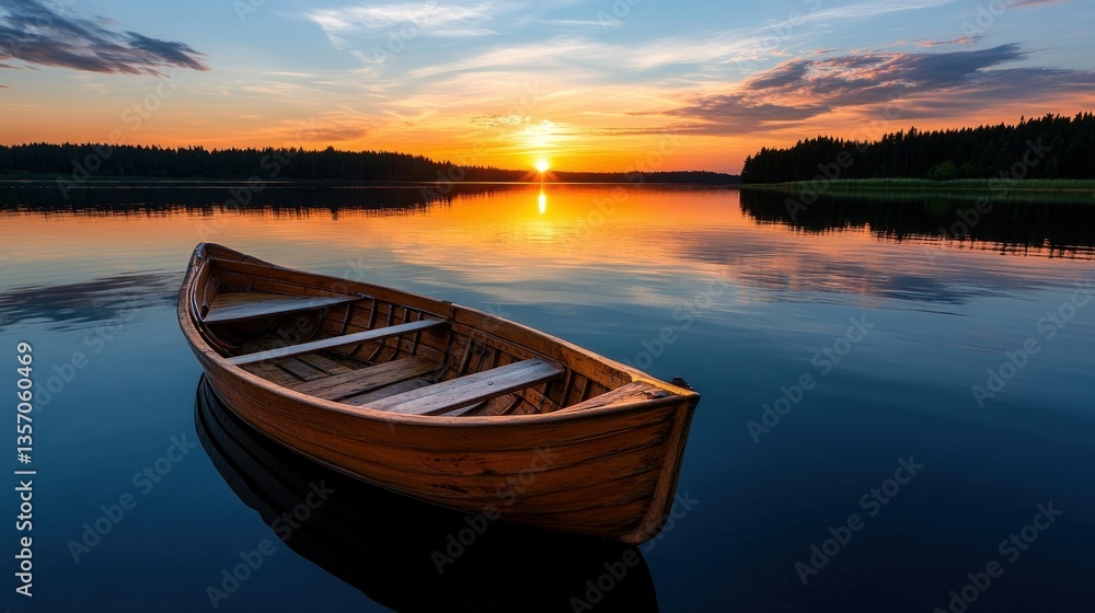 Wooden boat on lake at sunset, tranquil scene, serene nature Wooden boat on lake at sunset, tranquil scene, serene nature