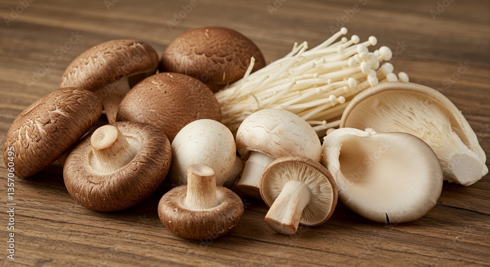 An assortment of fresh mushrooms - shiitake, button and oyster mushrooms - arranged on a wooden table An assortment of fresh mushrooms - shiitake, button and oyster mushrooms - arranged on a wooden table