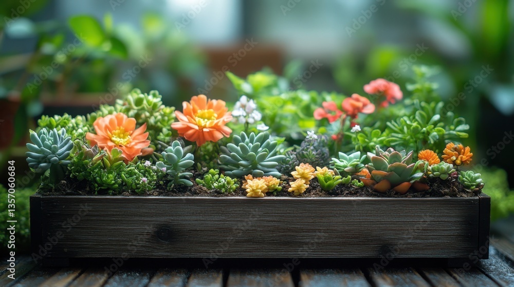 Floral Display in Rustic Planter: A vibrant assortment of succulents and blooming flowers thrives in a weathered wooden planter, showcasing a blend of textures and colors amidst a natural backdrop. Floral Display in Rustic Planter: A vibrant assortment of succulents and blooming flowers thrives in a weathered wooden planter, showcasing a blend of textures and colors amidst a natural backdrop.