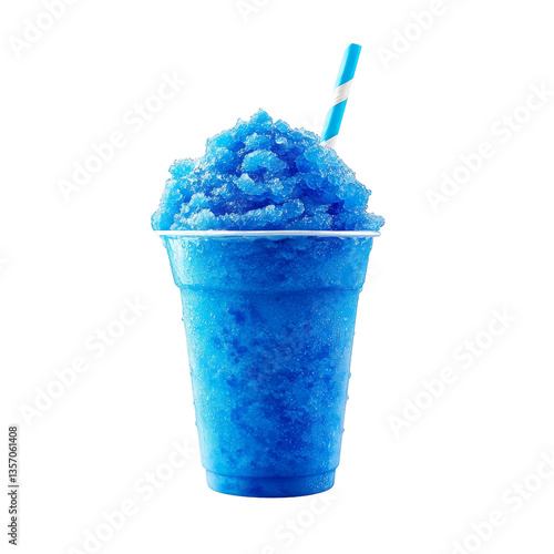 Refreshing blue slushy drink in a clear cup with a straw. transparent background